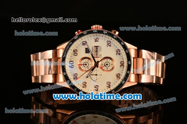 Tag Heuer Carrera Calibre 1887 Chrono Miyota OS10 Quartz Full Rose Gold with White Dial and Arabic Numeral Markers - Click Image to Close